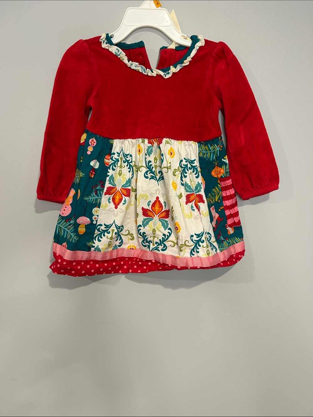 Matilda Jane Red Velvet Dress with Teal, Cream and Pink Accents